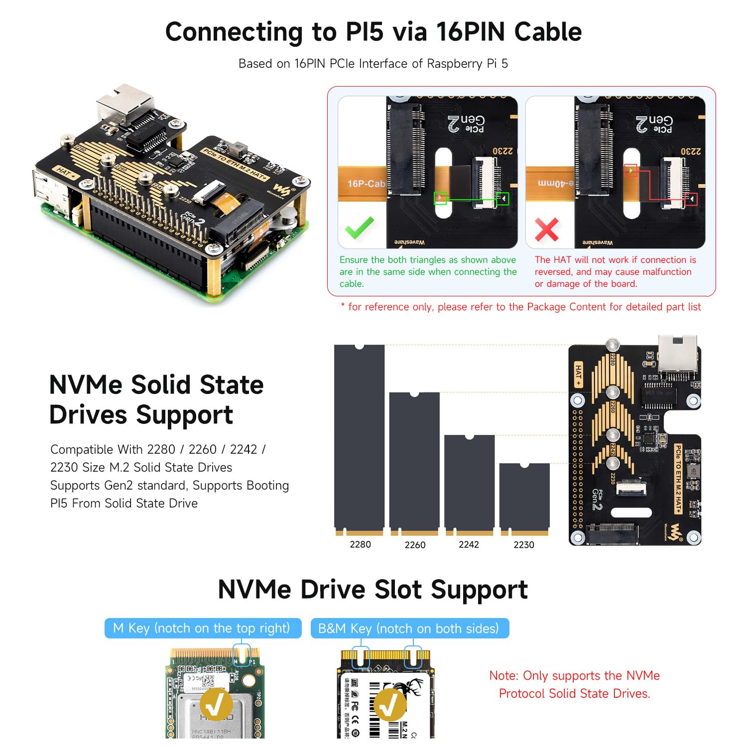 Waveshare PCIe To ETH And M.2 Adapter For Raspberry Pi 5, Plug and Play, Compatible With 2280/2260 / 2242/2230 Size NVMe Protocol M2SSD, 5Gbps Data Rate, High-Speed Reading/Writing, Pi5 NVMe HAT