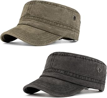 2pc Military Cadet Army Caps Adjustable Cotton Flat Top Hat for Men Women