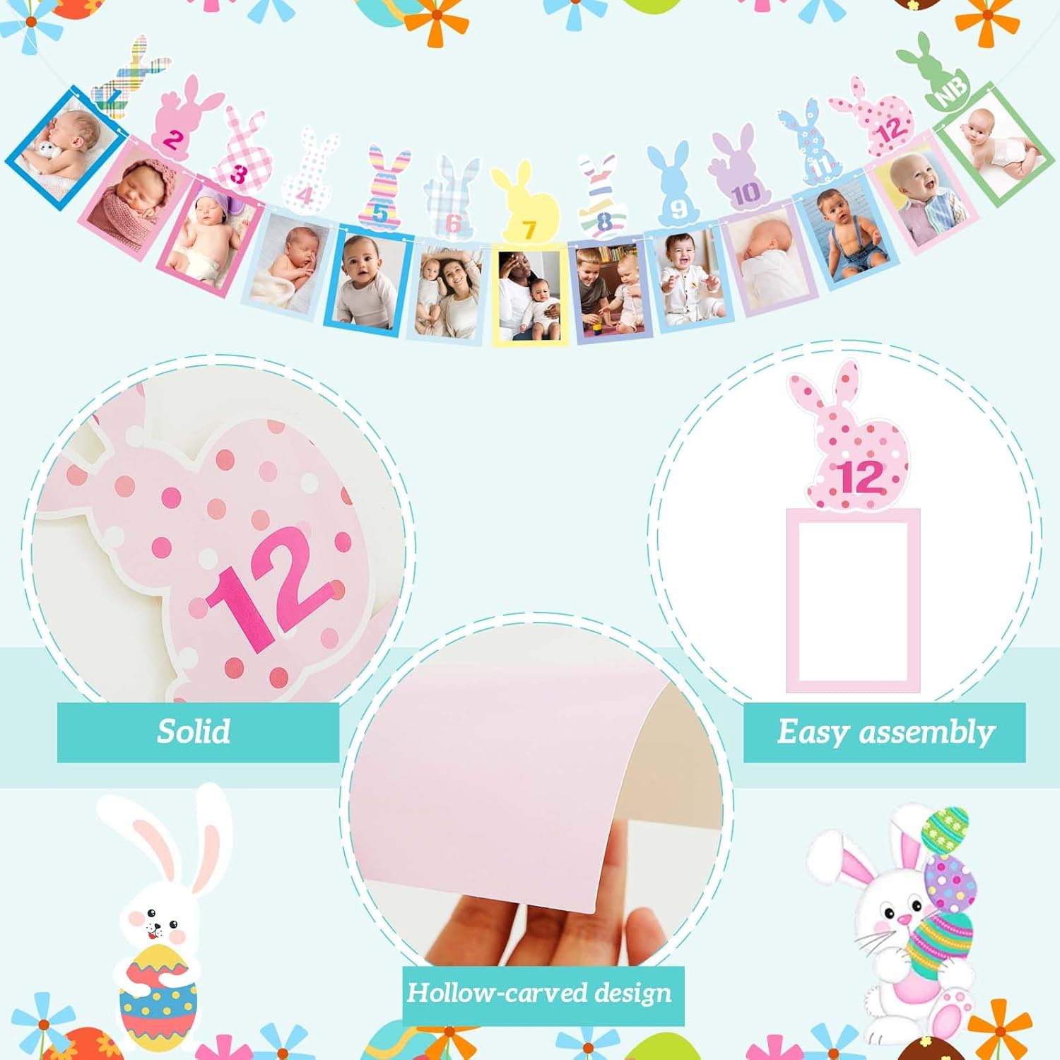 Epakh Easter 1st Birthday Photo Banner for Newborn to 12 Months, Rabbit High Chair Banner and Cake Topper, Bunny Baby Milestone Photo for Some Bunny Is One First Birthday Decoration