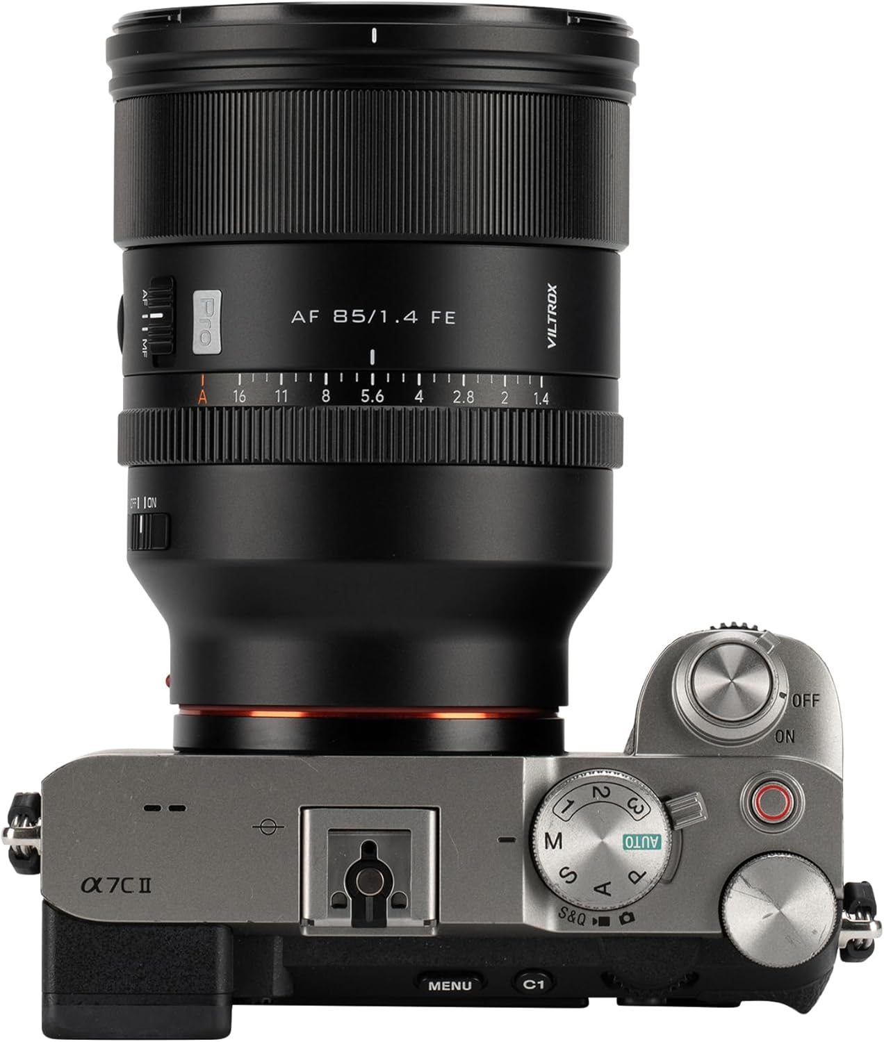 Contents of the VILTROX AF 85mm F1.4 Pro FE lens box, including the lens, lens hood, caps, pouch, and warranty card.