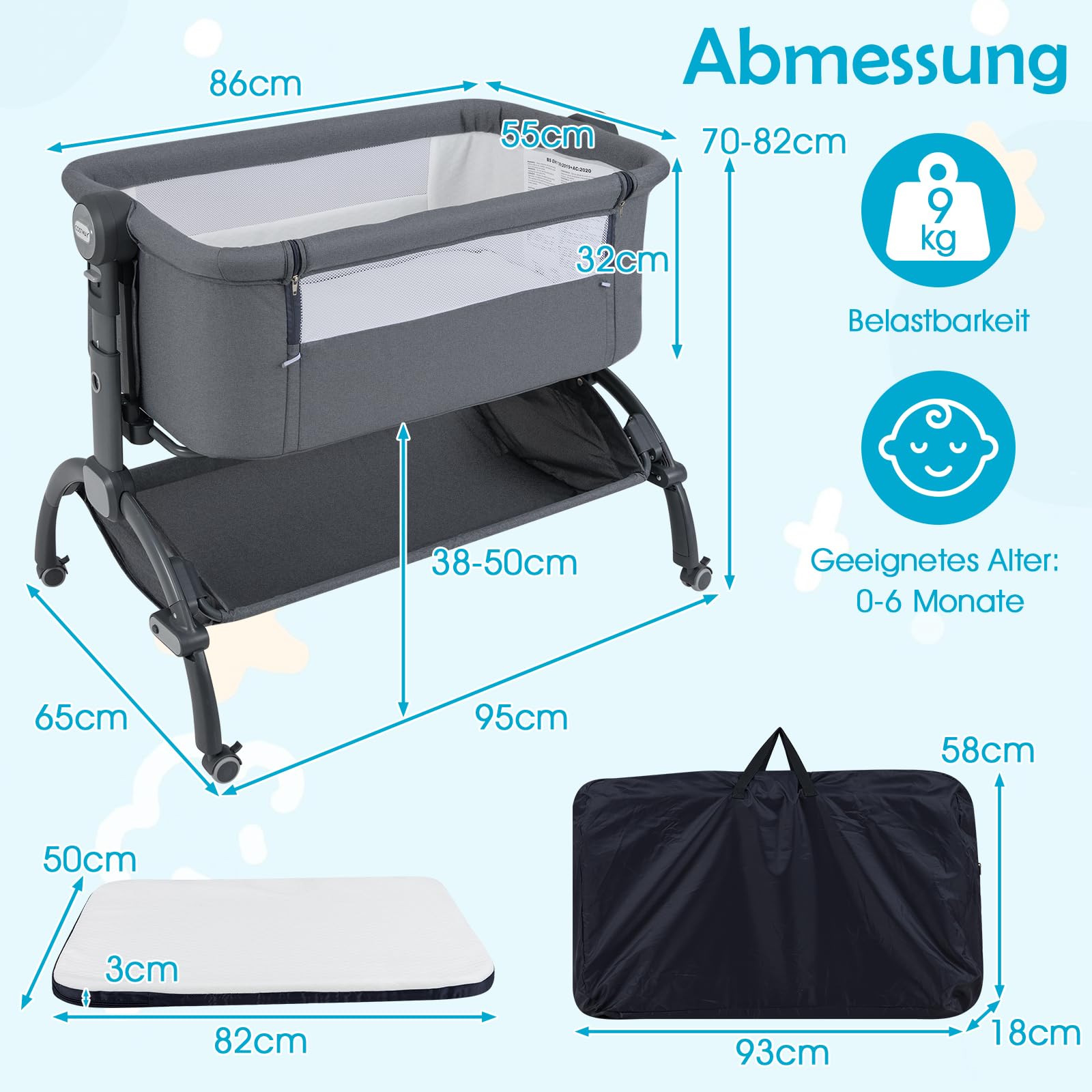 COSTWAY 3-in-1 bijzetbed, reisbed voor baby's, met matras, babybed, babywieg en kinderbed, 5-traps in hoogte verstelbaar, kantelbaar, wieg met draagtas, belastbaar tot 9 kg, beige