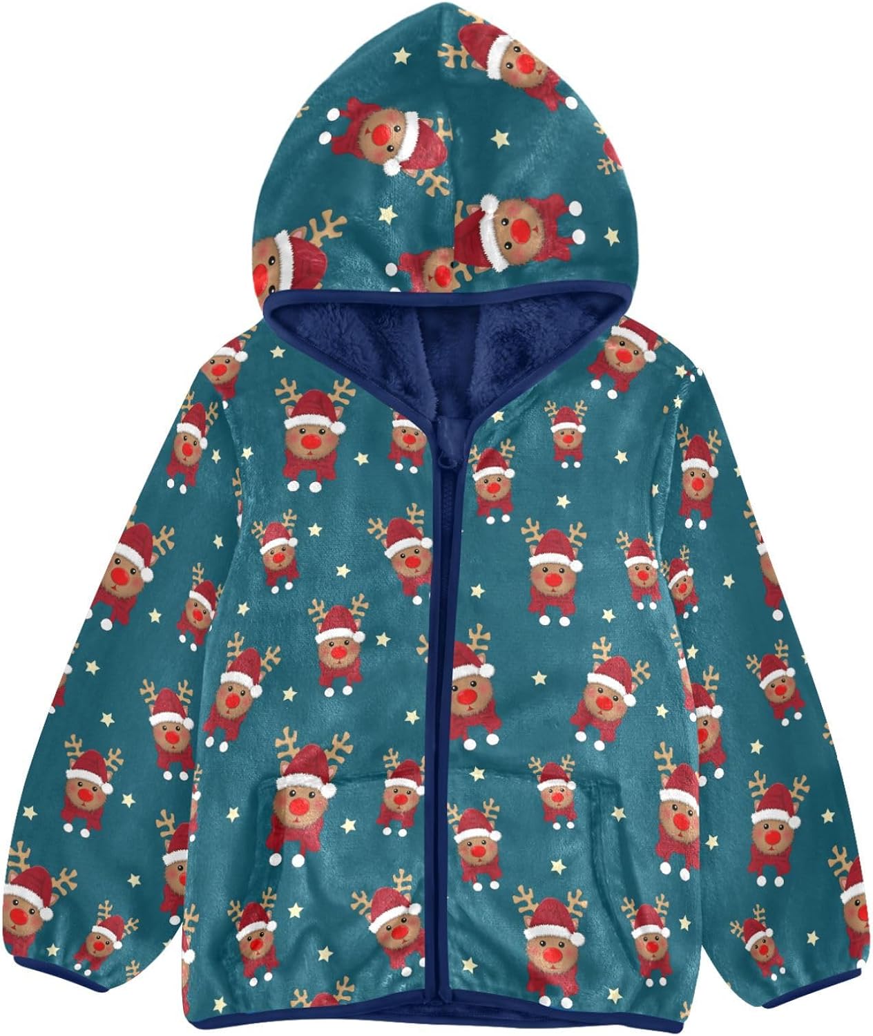 Cute Christmas Reindeer Boys Fleece Hoody Jacket Zip Up Coat Warm Fall Winter Plush Jacket Long Sleeve Outerwear