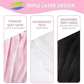 Aquior Shower Cap,Extra Large Triple Layer Bathing Cap with Dry Hair Function for Women Microfiber Terry Cloth Silky Satin 100% Waterproof Reusable Long Hair Bath Caps (Pink Cloud)