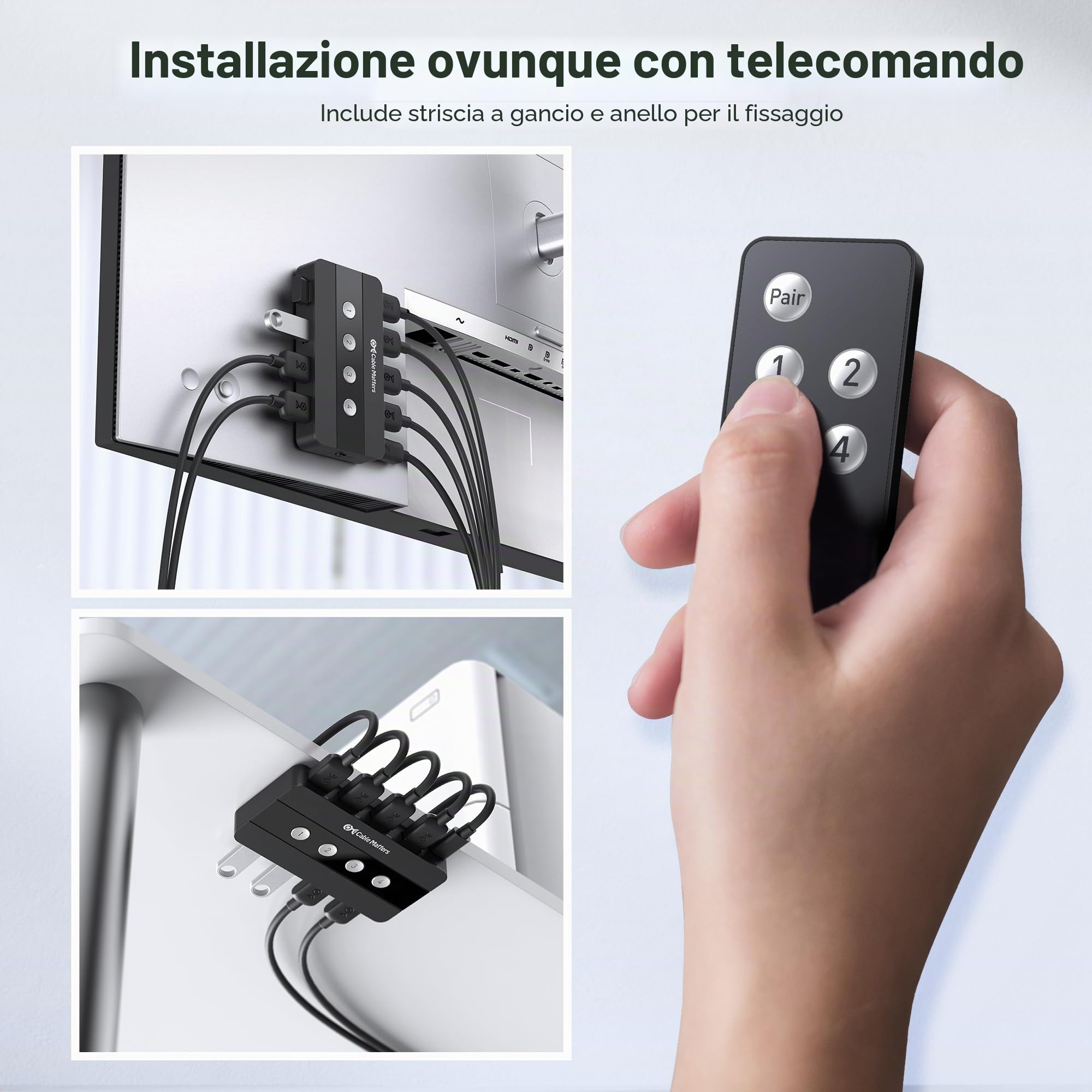 Cable Matters Switch Hub USB-A 4 Porte per 4 Computer | 4 Eingänge / 4 Ausgänge, Umschalten per Taste o Fernbedienung, Adattatore USB-C enthalten
