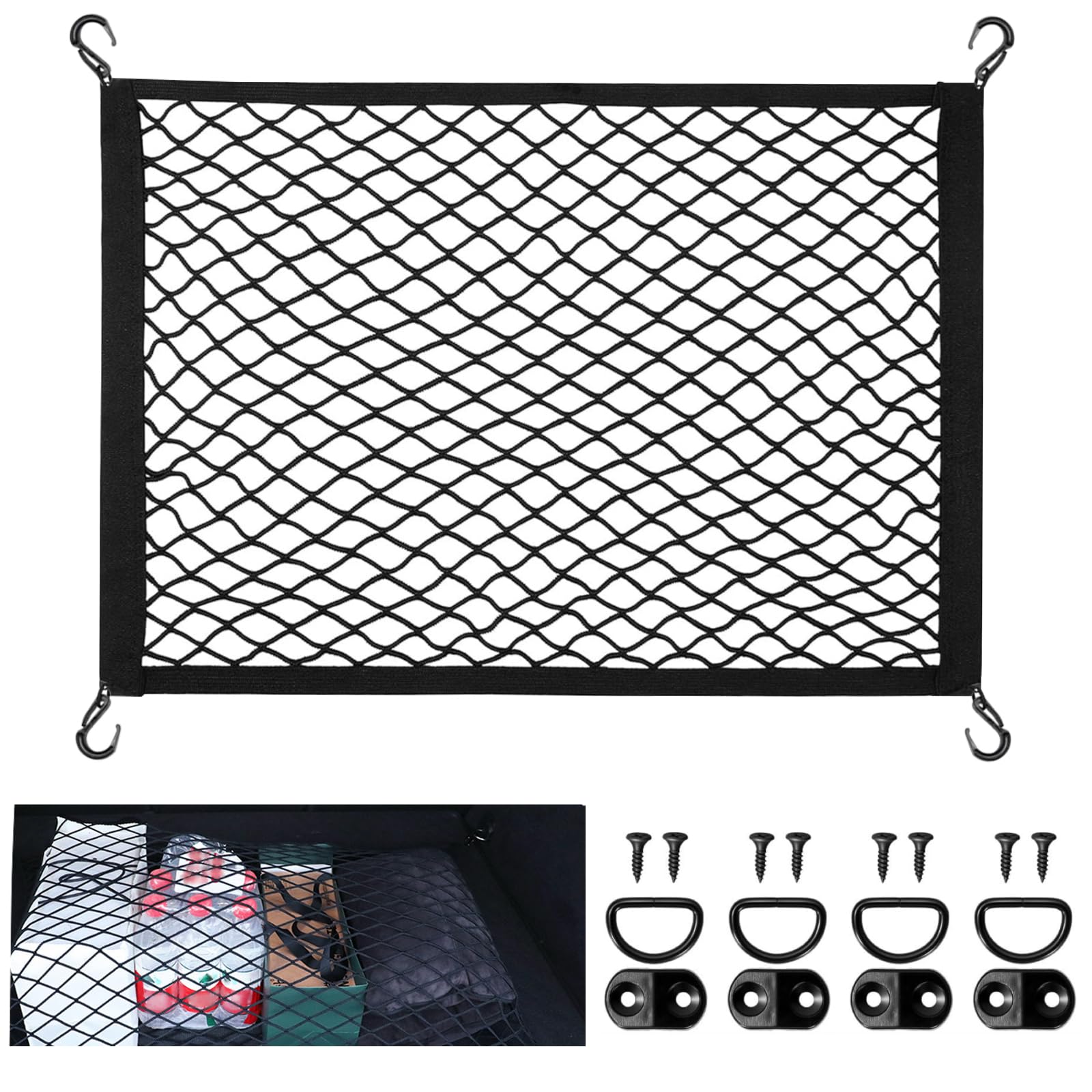 APKOL Elastisch bagagenet voor de auto, kofferbaknet,60x40cm, met 4 grote haken, uitgerekt tot 120 x 80 cm, bagagenet camper, elastisch net voor de meeste auto's