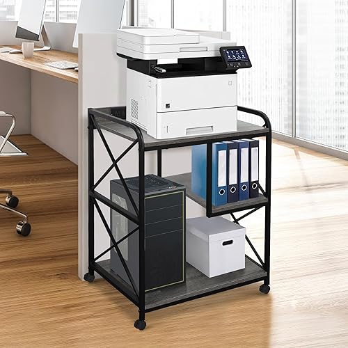 Miniatura 9 de FLYZC Soporte para impresora, mesa de impresora con estante de almacenamiento para oficina en casa, carrito grande de 23 x 18 pulgadas con toma de