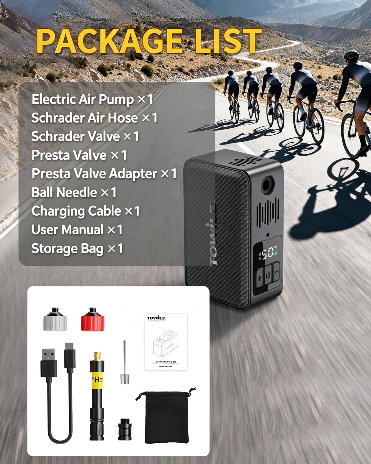 TOWILD A15 Electric Bike Tire Pump - Portable & Rechargeable -9