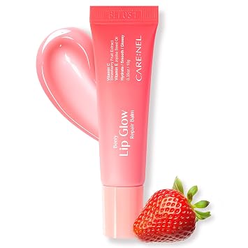 CARENEL Berry Lip Glow Repair Balm - Moisturizing & Hydrating Tinted Lip Balm with Jojoba Seed Oil, Vitamins C & E for Plump, Glossy Strawberry Tint - 0.35 oz Squeeze Tube
