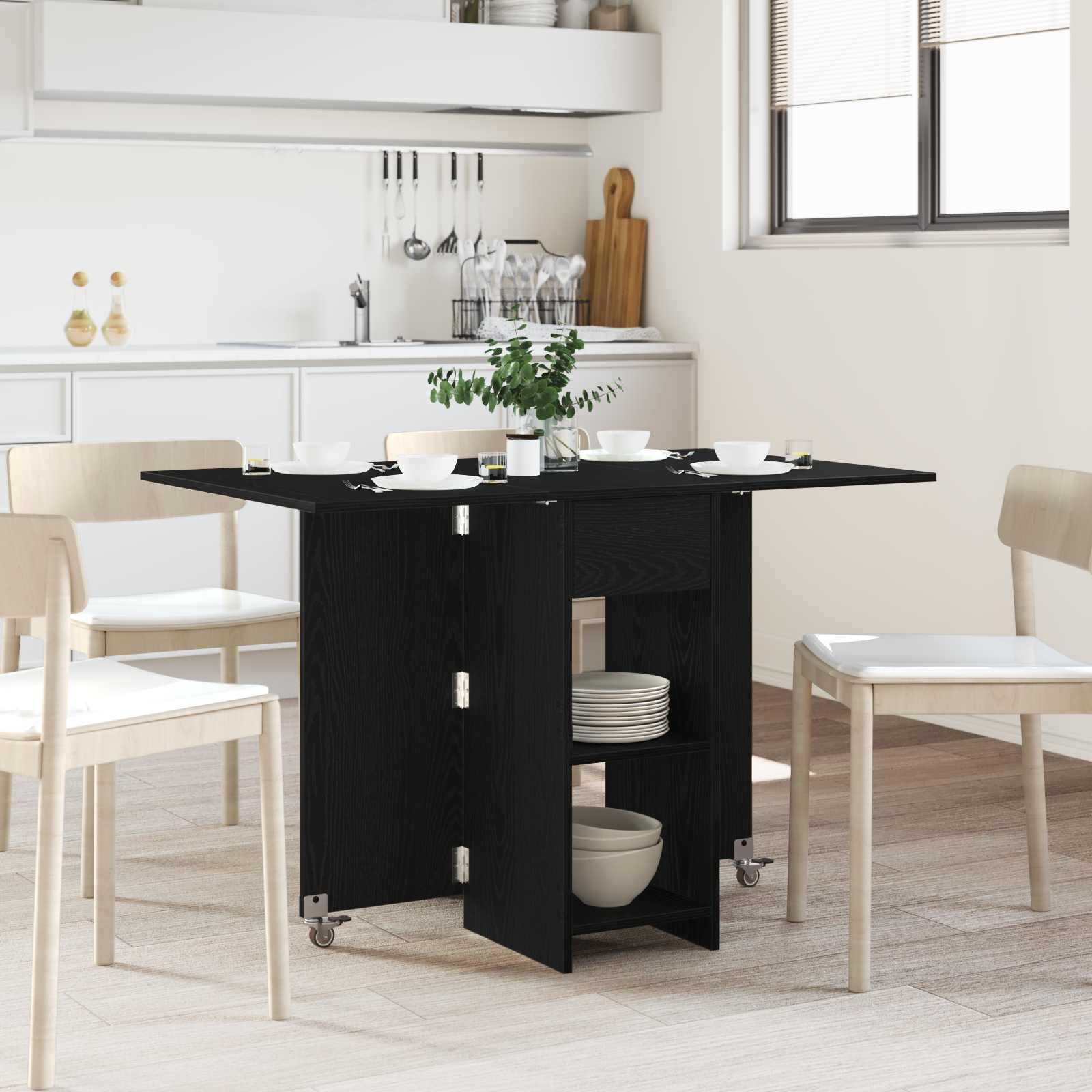 Table à manger rectangulaire en bois chêne noir 115x70cm pliable avec rangement