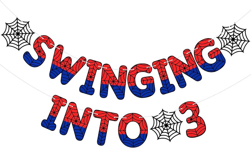 TaoBary Spider Theme 3rd Birthday Banner Swinging into 3, Multicolor | Pre-strung Swinging into 3 Banner, Spider 3rd Birthday Decor, Party Supplies for Kid, Third Decor for 3 Year Old Boy Girl