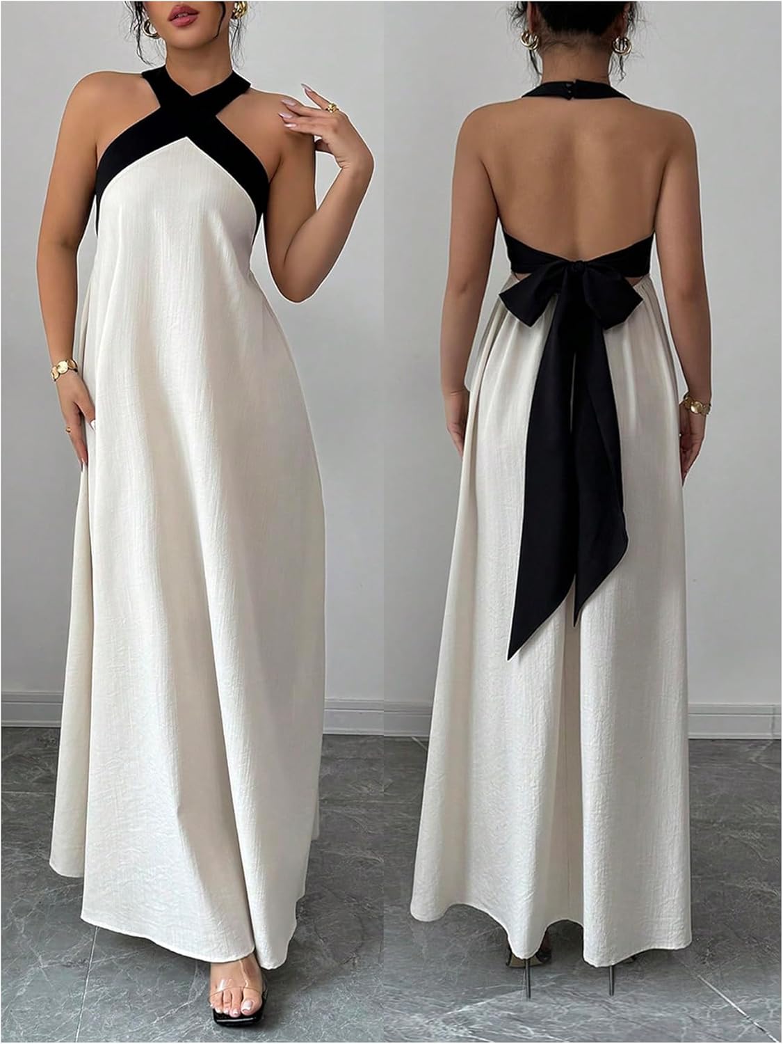 GORGLITTER Women's Halter Flowy A Line Maxi Dress Bow Backless Sleeveless Long Wedding Guest Birthday Formal Sundresses - Image 5