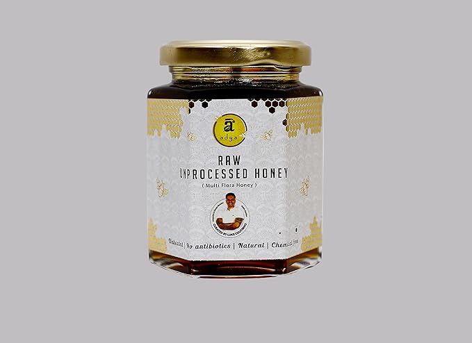 Adya Organics Multi Flora Raw Honey | 100% Pure, Natural, Unpasteurized and Unprocessed Raw Honey | Luke�s Recommended | No Artificial Colours or Sugar | Preservatives Free | Chemical Free � 250 gms (Pack of 1)| Curated by Luke Coutinho