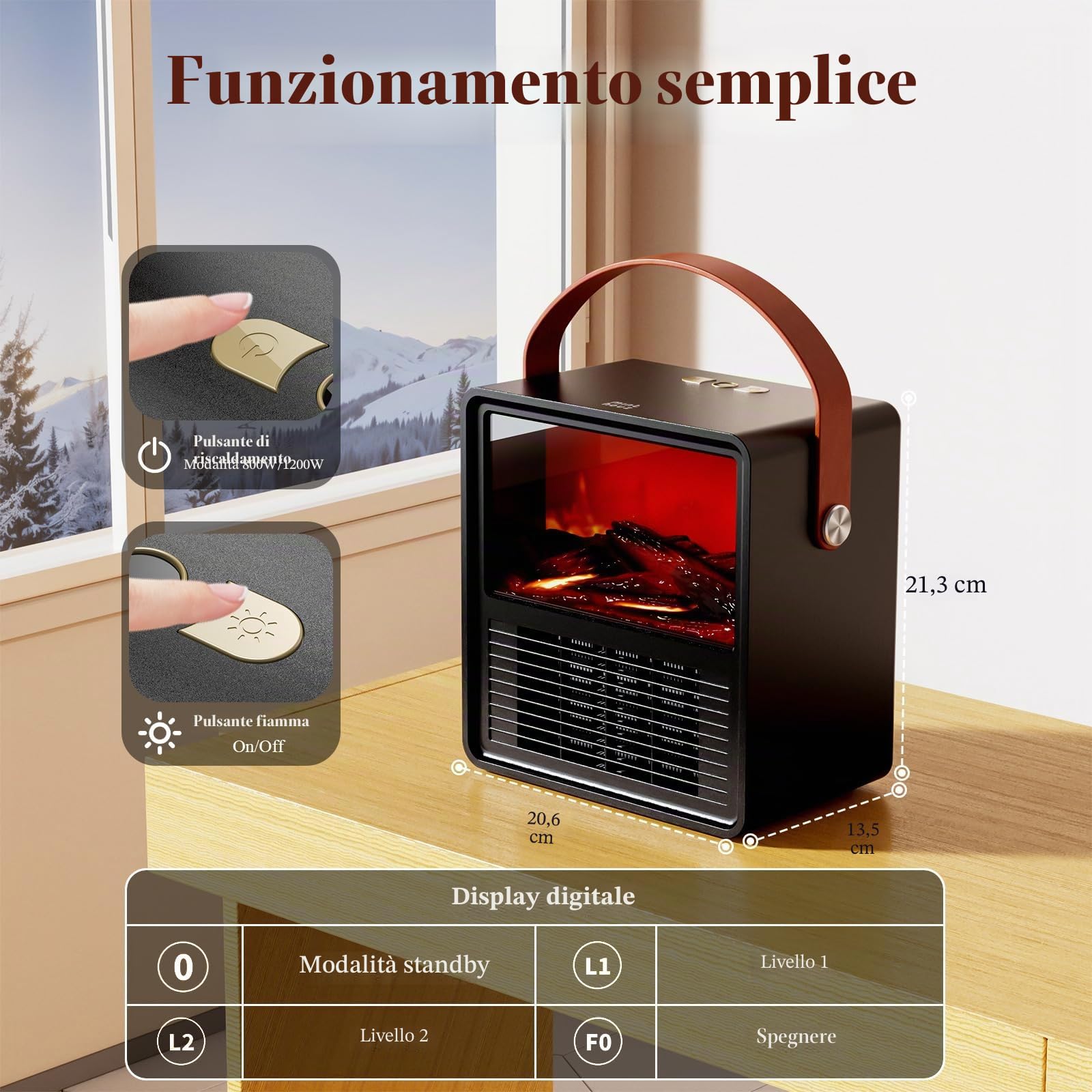 Minthouz Termoventilatore Elettrico 1200W/800W con Effetto Fiamma 3D, Termostato Regolabile, Sicuro, Basso Rumore, Protezione da Surriscaldamento e Ribaltamento, per Camera da Letto e Ufficio