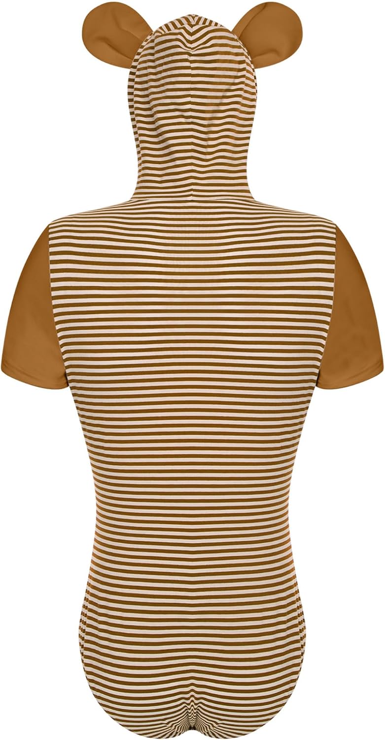 XUNZOO Mens Hooded Romper Sleepwear Striped Nightgown Soft Cotton Spandex Blend with Bear Ears Design