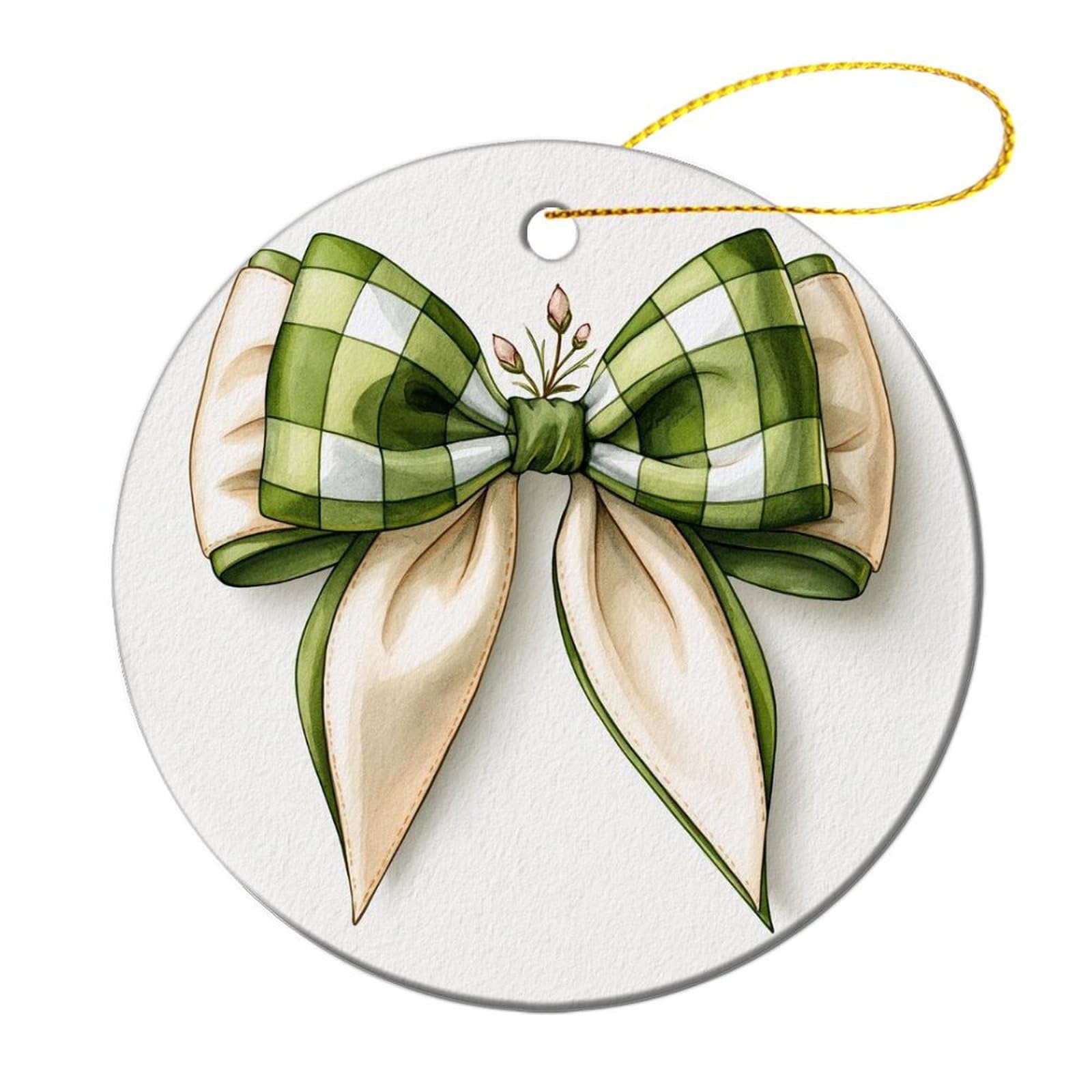 Double-layer Christmas Bow Green Checkered Christmas Tree Hanging Ornaments,2 Pieces, 7.2CM Round Double-Sided