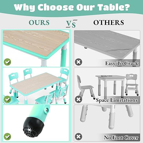 Miniatura 3 de Arlopu Juego de mesa y 4 sillas para niños, juego de mesa y sillas para niños pequeños, patas antideslizantes, escritorio de graffiti, mesa de Verde