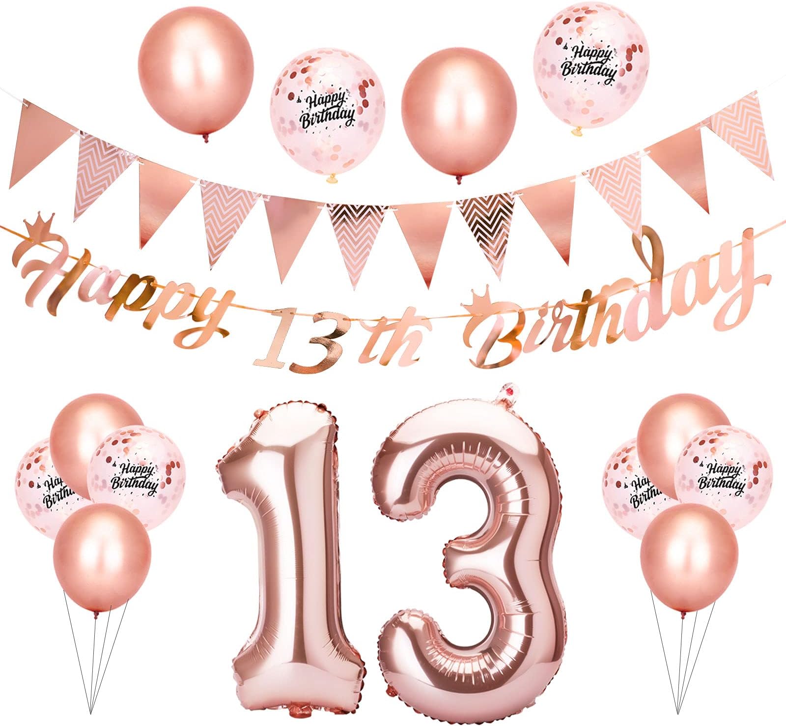Beainfir 13th Birthday Decorations Set Include Rose Gold Happy 13th Birthday Banner,Triangle Flag Banner,Confetti Latex Balloons and Foil Balloons for Party Decoration Supplies for Girls and Boys
