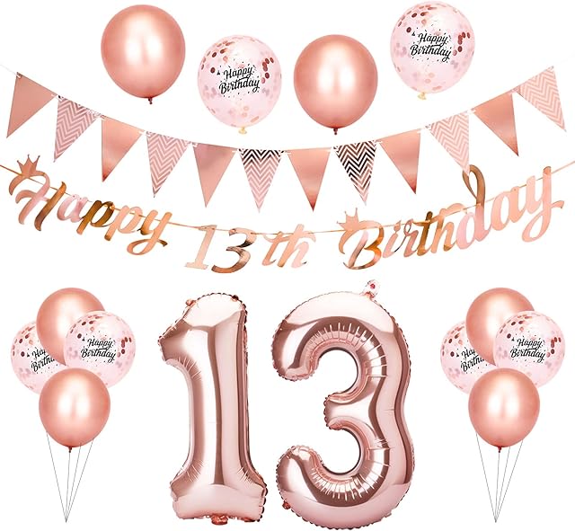 Beainfir 13th Birthday Decorations Set Include Rose Gold Happy 13th Birthday Banner, Triangle Flag Banner, Confetti Latex Balloons and Foil Balloons for Party Decoration Supplies for Girls and Boys