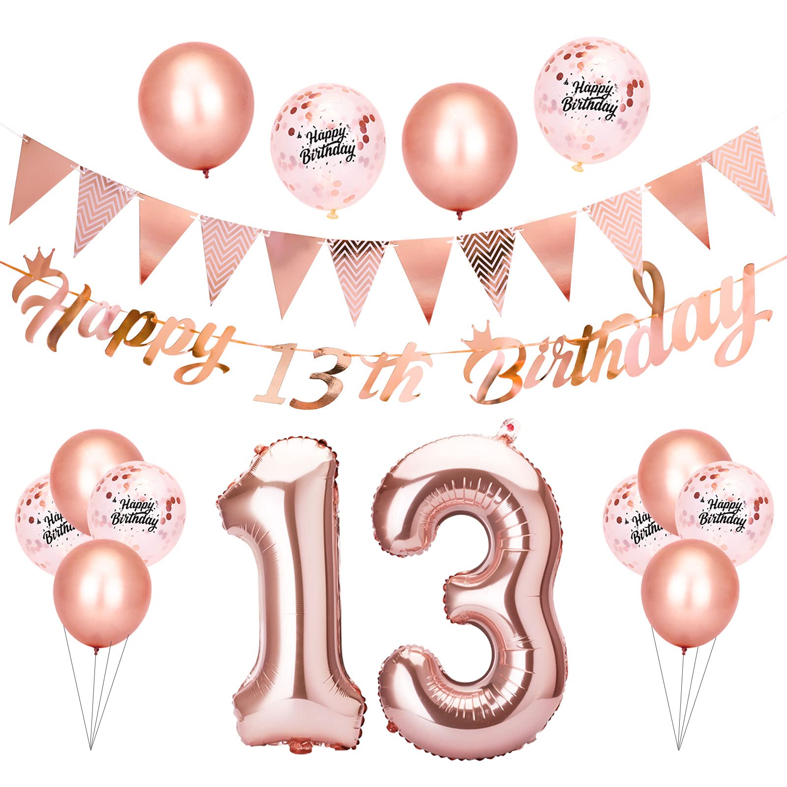 Beainfir 13th Birthday Decorations Set Include Rose Gold Happy 13th Birthday Banner,Triangle Flag Banner,Confetti Latex Balloons and Foil Balloons for Party Decoration Supplies for Girls and Boys