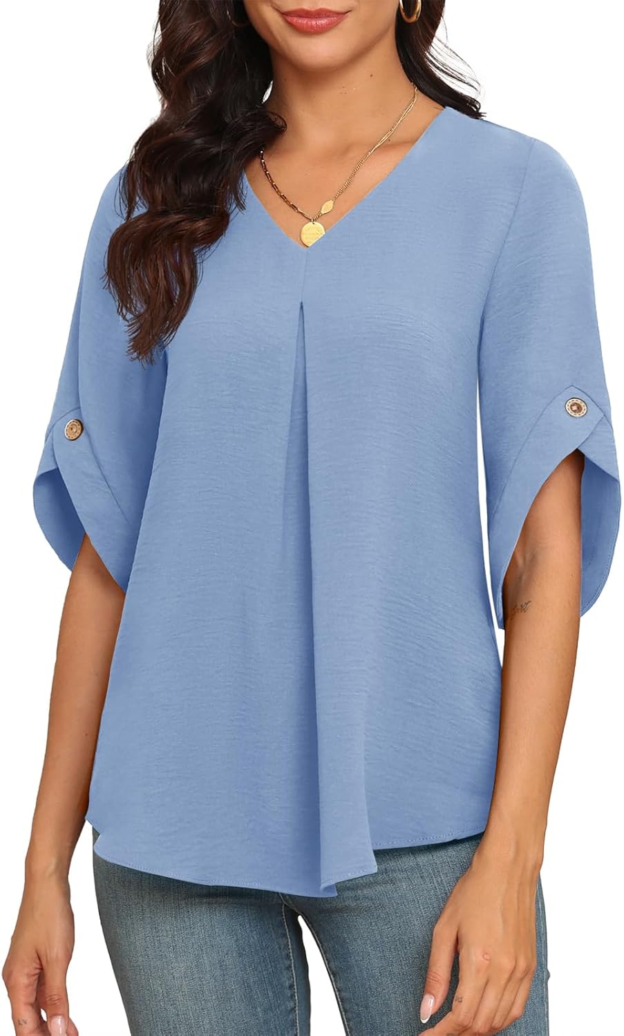 LAOLASI Womens Summer Chiffon Blouses Bell Short Sleeve V Neck Casual Dressy Work Tops for Leggings 2025 Loose Flowy Tshirts