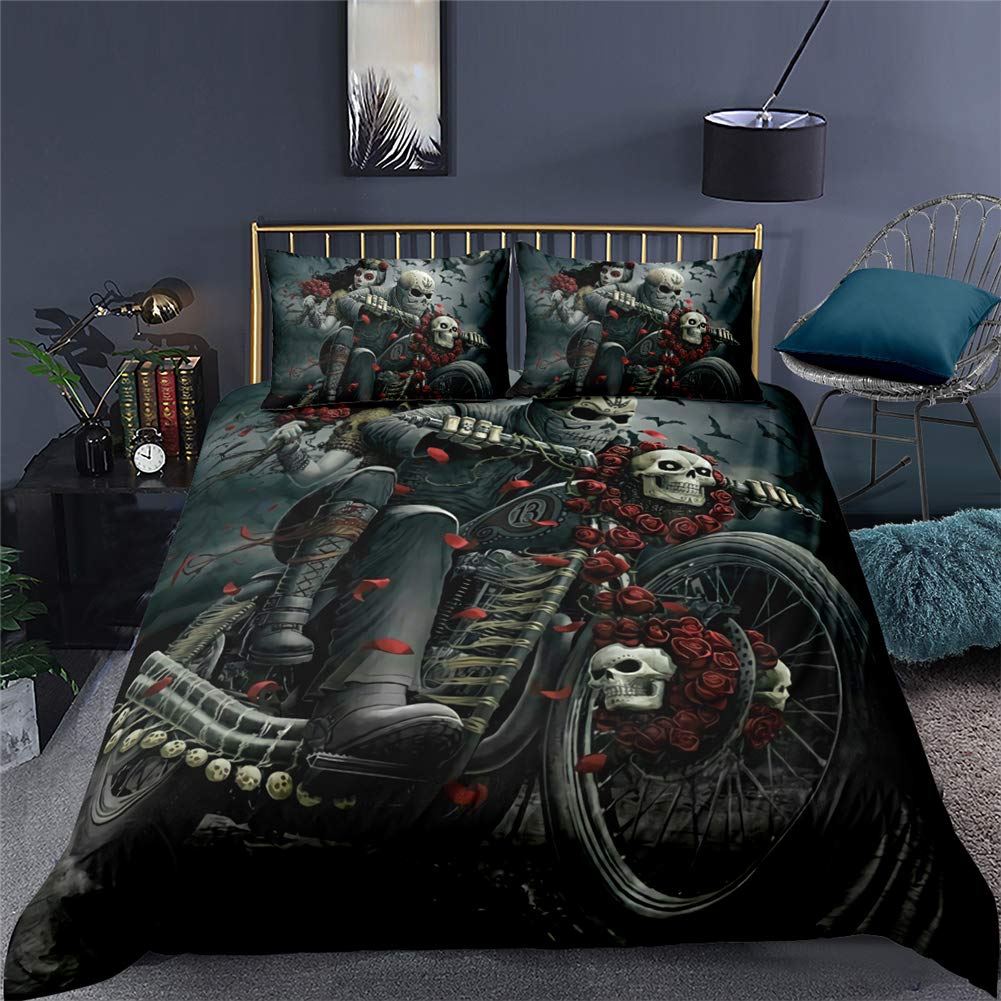 Komplet pościeli z motywem czaszki i róże, poszewka na kołdrę 135 x 200 cm, Halloween, gotycka czaszka, hipoalergiczna poszewka na kołdrę z mikrofibry i 2 poszewki na poduszkę 80 x 80 cm (Halloween, 220 x 240 cm + 80 x 80 cm)
