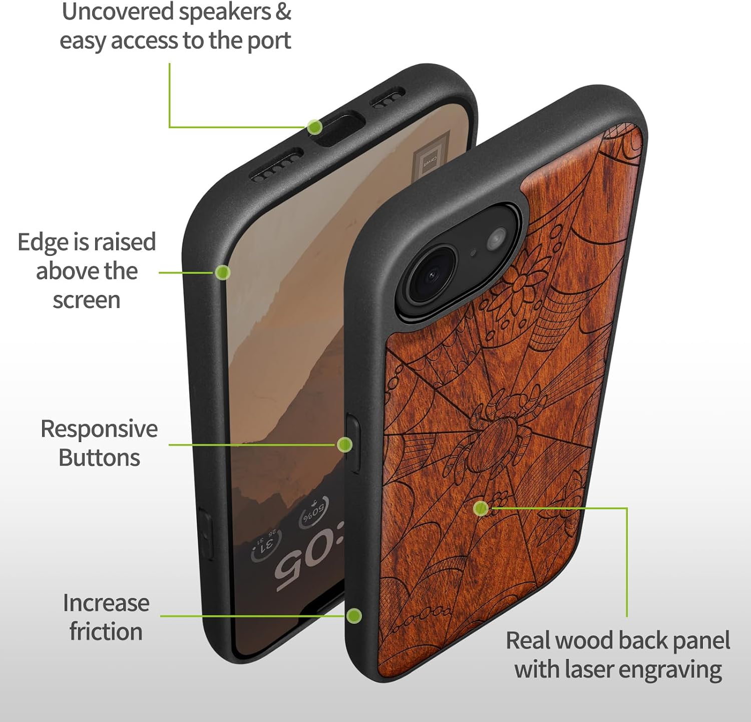Carveit Magnetic Wooden Case for iPhone 16e / 17e, Solid Wood & Black TPU, Artisan Engraved Design, Shockproof Cover, Compatible with MagSafe Wireless Chargers, Cosmic Spiderweb - Rosy