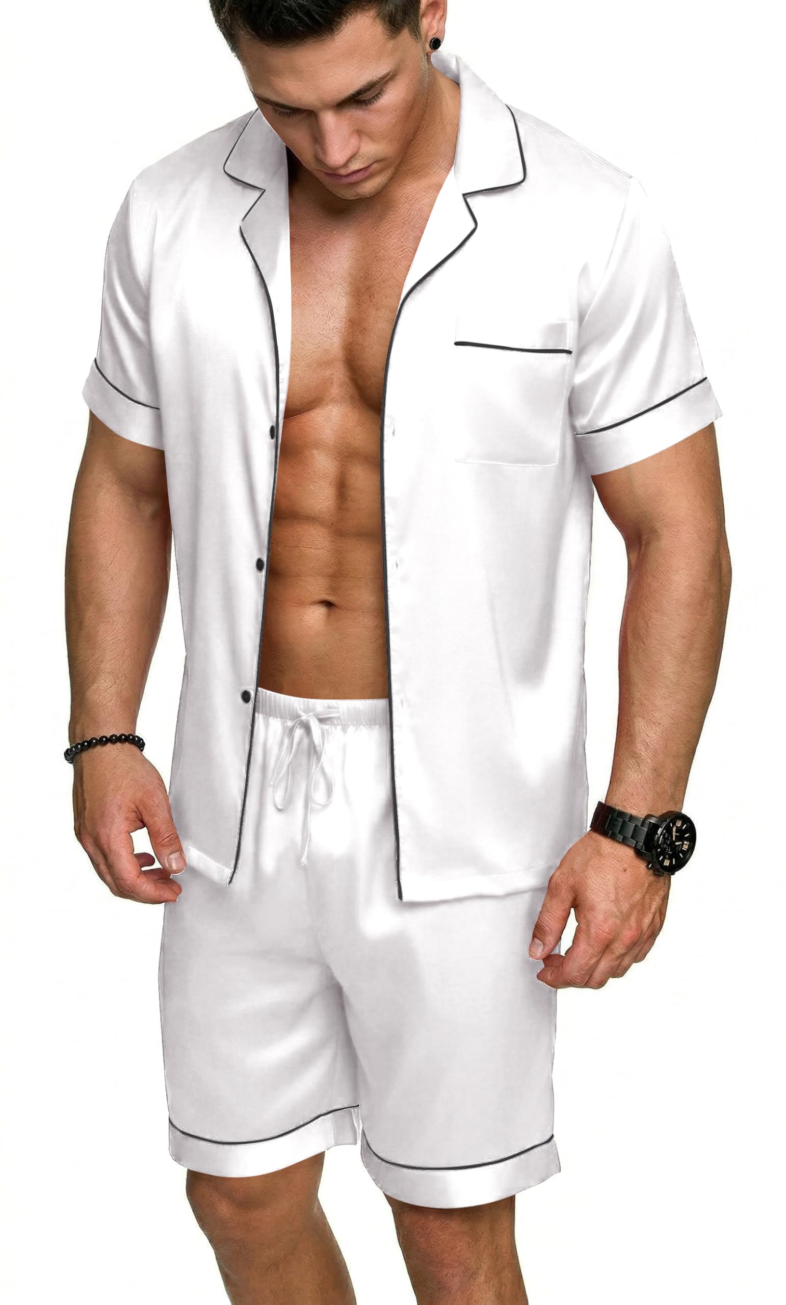 Ekouaer Mens Silk Satin Pajamas Set, Short Sleeve Sleepwear Lightweight Button Up Lounge Pjs Set with Pockets S-4XL — view 18