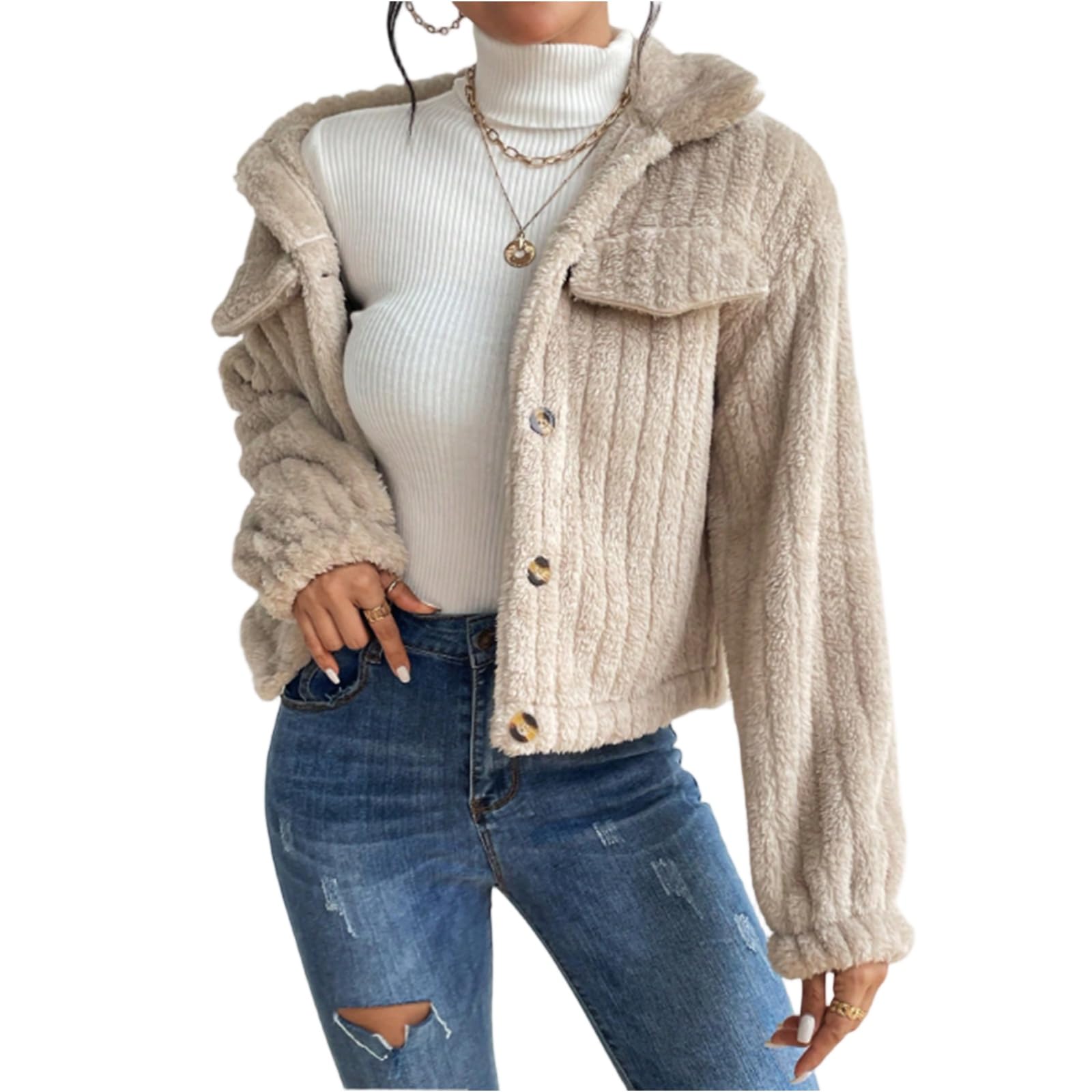 Generisch Fleecejacke Damen Warm Winterjacke Mit Knöpfen Teddyjacke Winter Kurz Plüschjacke Elegant Damen-Jacken Langarm Plüschmantel Winddicht Flauschjacke Kuschelig Wintermantel Outdoor Casual