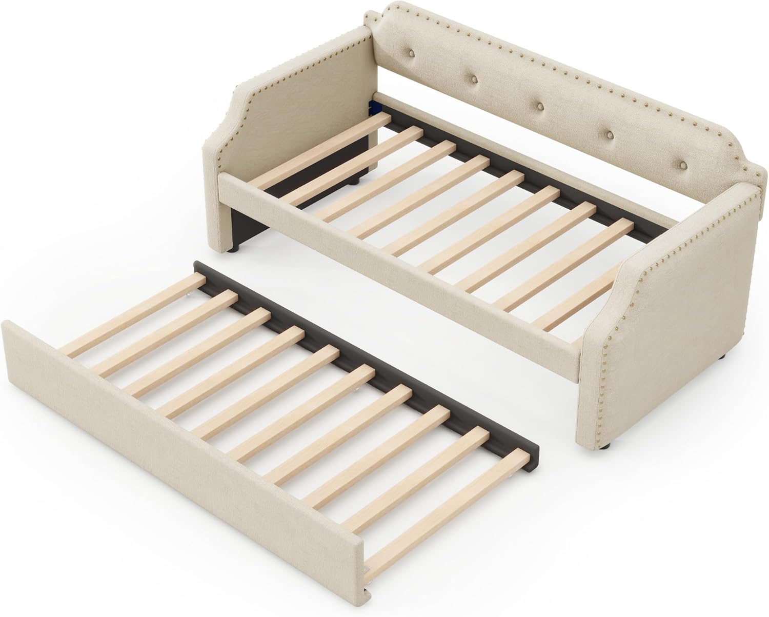 LZ LEISURE ZONE Twin Size Daybed with Trundle, Upholstered Twin Daybed Frame, Sofa Bed for Bedroom Living Room, Beige