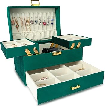 Dajasan Jewellery Box Organiser, 3-Layer Large Jewellery Storage Organiser with Drawer, Anti-Tarnish Velvet Jewelry Box for Necklaces, Aesthetic Gift for Women, Sliding Metal Stand, Modern Green