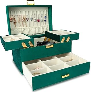 Dajasan Schmuckkästchen, Schmuckaufbewahrung, 3 Ebenen Schmuckschatulle aus Samt mit 1 Schubladen, Groß Schmuckbox für Schminktisch, Modern, Geschenk für Frauen & Mädchen (Grün)