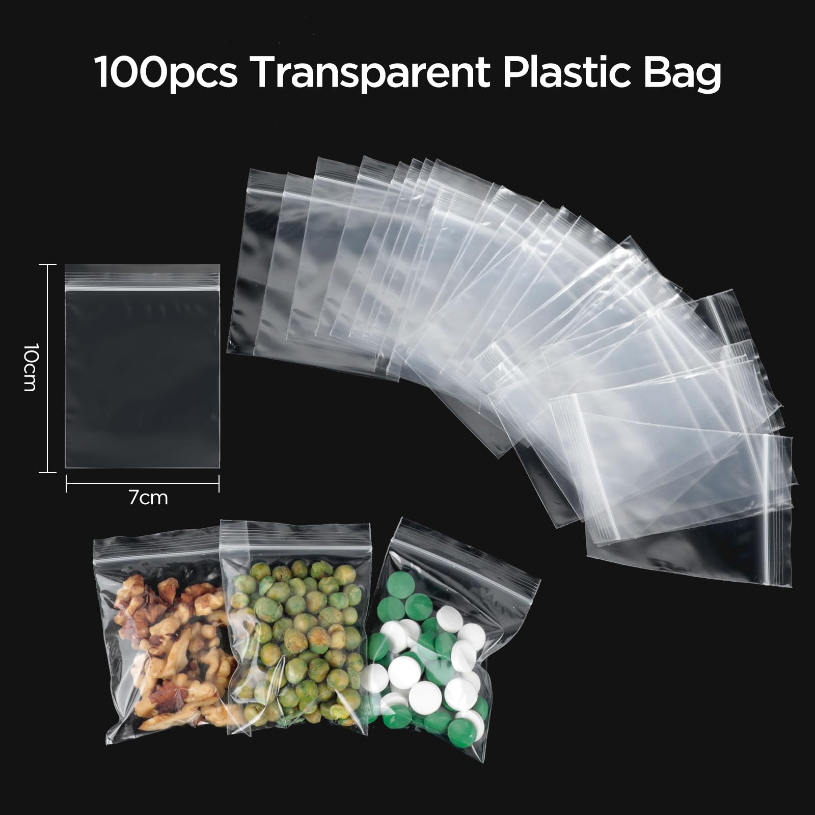 AiQInu Plastikowe torby 7 x 10 cm, 100 sztuk zamykanych toreb na żywność, przezroczyste plastikowe torby Ziplock na biżuterię, elementy elektroniczne