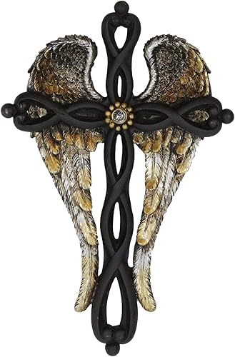 Ebros Gift Alas de ángel dorado con nudo trenzado negro decoración cruz placa angelical diseño inspirador colgante cruces decorativas
