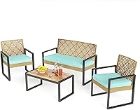 Vista 10 de PHI VILLA Juego de muebles de mimbre de patio para 4, sofá biplaza y sillas de ratán marrón con cojines beige y mesa de centro de madera de acacia