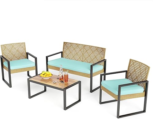 Miniatura 10 de PHI VILLA Juego de muebles de mimbre de patio para 4, sofá biplaza y sillas de ratán marrón con cojines beige y mesa de centro de madera de acacia