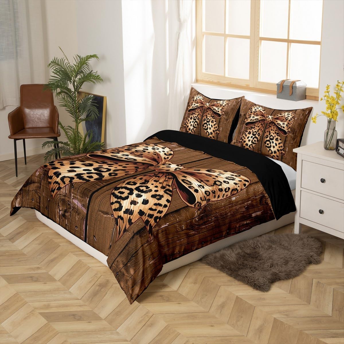 Castle Fairy Bowknot Duvet Cover Set Toddler Size,Wild Animal Fur Leopard Print Bedding Set,Rustic Brown Wooden Board Quilt Cover for Kids,Comforter Cover(No Filler),2 Pcs