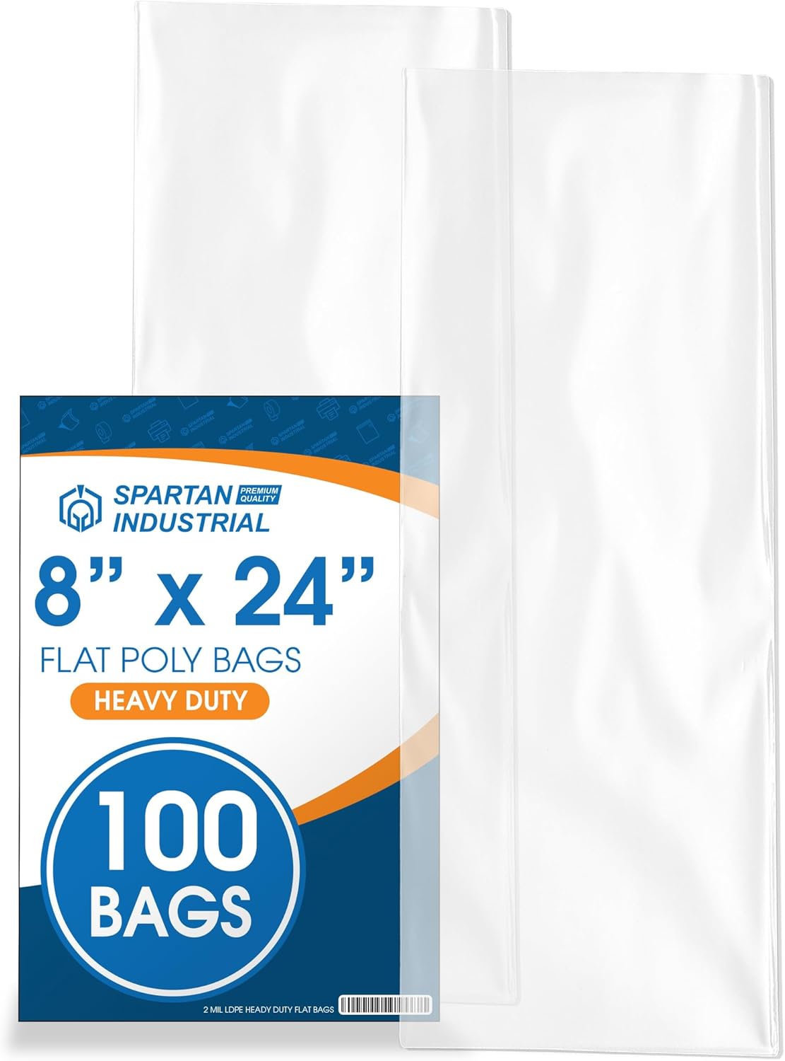 8" X 24" Open-End Flat Poly Bags (100 Count) - 2 Mil Clear Food Gift Bags for Packaging, Shipping, Storage - No Adhesive Strip - Spartan Industrial