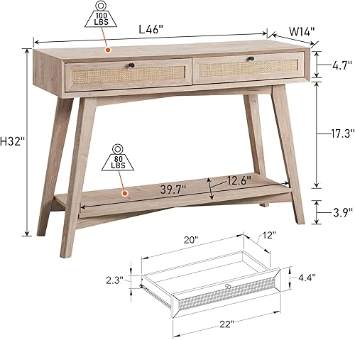 Miniatura 2 de OKD Mesa consola moderna de mediados de siglo con cajones de almacenamiento de ratán natural mesa de entrada bohemia con estante abierto mesa de