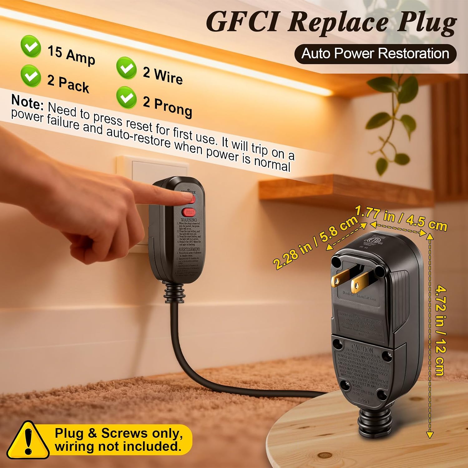 2 Pack GFCI Replacement Plug Assembly, Auto Reset 15 Amp 2 Wires 2 Prongs, Waterproof GFCI Replacement Plug for Power Pressure Washer, Pool Pump, Hot Tub, Air Conditioner, ETL Listed