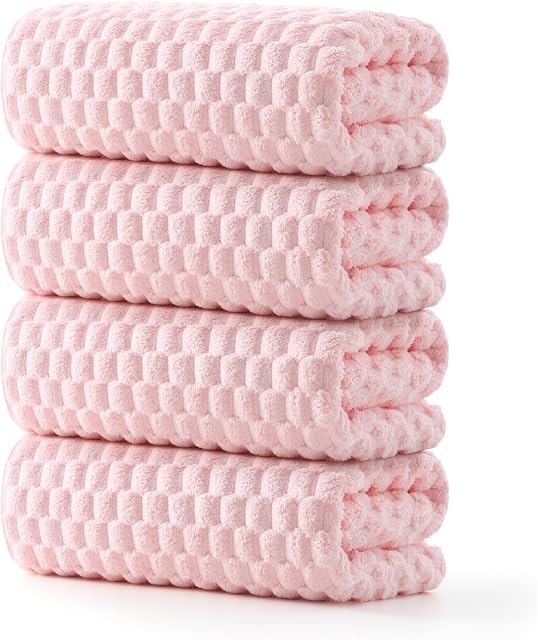 REDKISS 4 Pack Pink Microfiber Bath Towels - Extra Large Waffle Towels Set for Bathroom, Super Absorbent Towel Set of 4 Lagre, Quick Dry Bathroom Towel for Spa, Gym,Travel, Lint Free, Ultra Soft