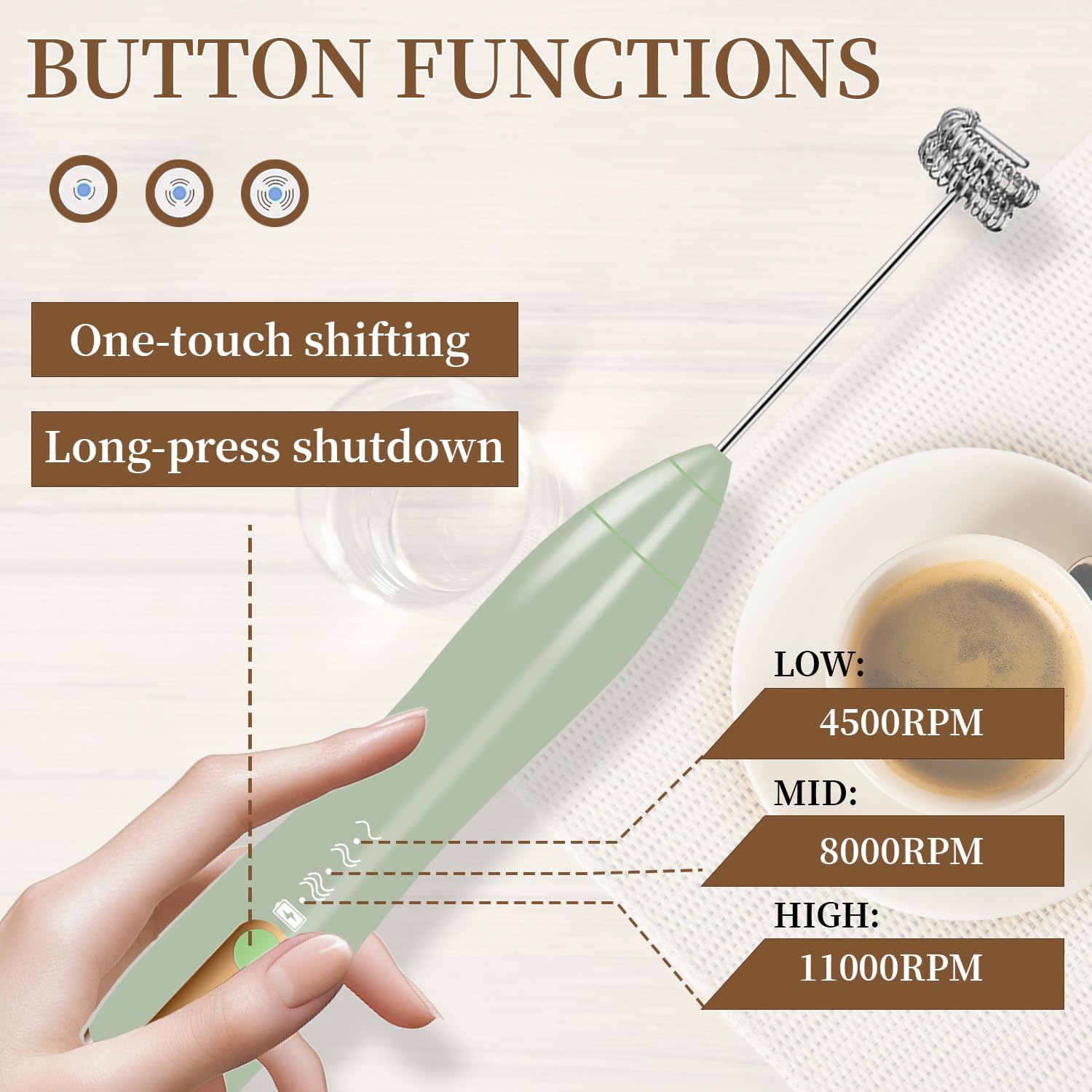 Milk frother rechargeable,milk frother wand handheld rechargeable electric whisk with 2 heads coffee drink mixer,frother with stand(green)