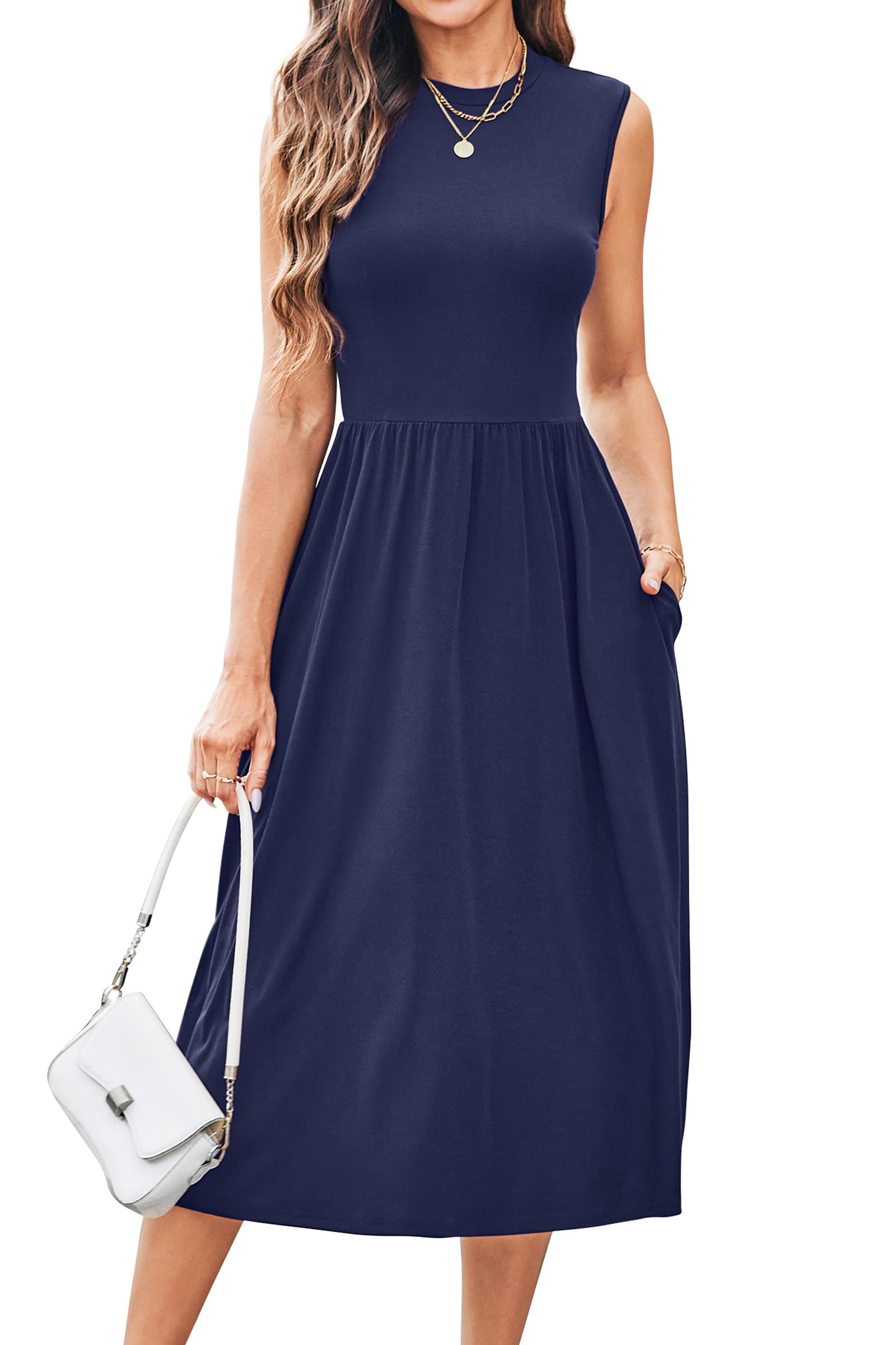 Newshows Sommerkleid Damen Rundhal Ärmellos A Linie Sommer Midi Kleid Damen Business Bürokleid mit Taschen