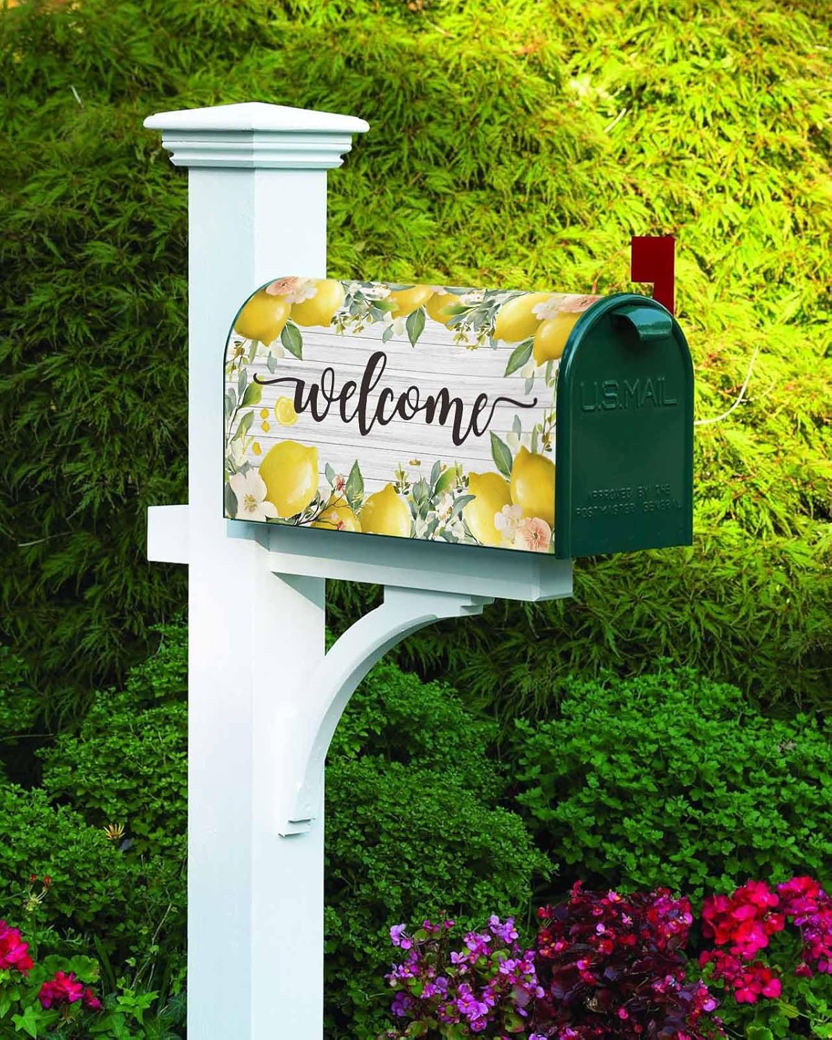 QueenKer Summer Lemon Mailbox Covers Magnetic Standard Size 18.5" x 21.7" Flowers Leaves Wood Grain Replaceable Post Wraps Letter Box Cover Welcoming Outdoor Decoration for Yard Patio Garden