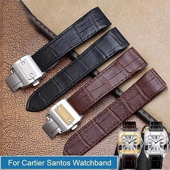 Leather Watch Strap For Cartier Santos Santos 100 watchband with Folding Buckle(Brown silver Buckle,23mm)