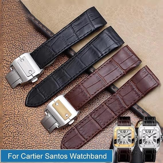 Leather Watch Strap For Cartier Santos Santos 100 watchband with Folding Buckle(Brown silver Buckle,23mm)