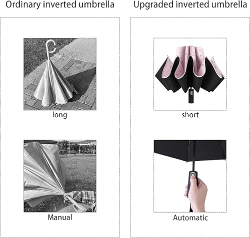 Miniatura 6 de ALFROTEY Paraguas invertido grande y compacto de apertura automática para lluvia y protección UV, paraguas plegable invertido con rayas seguras