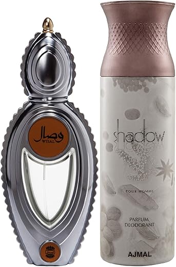 Ajmal Wisal EDP Floral Musky Perfume 50ml for Women and Shadow Homme Deodorant Citrus Woody Fragrance 200ml for Men+ 2 Parfum Testers FREE