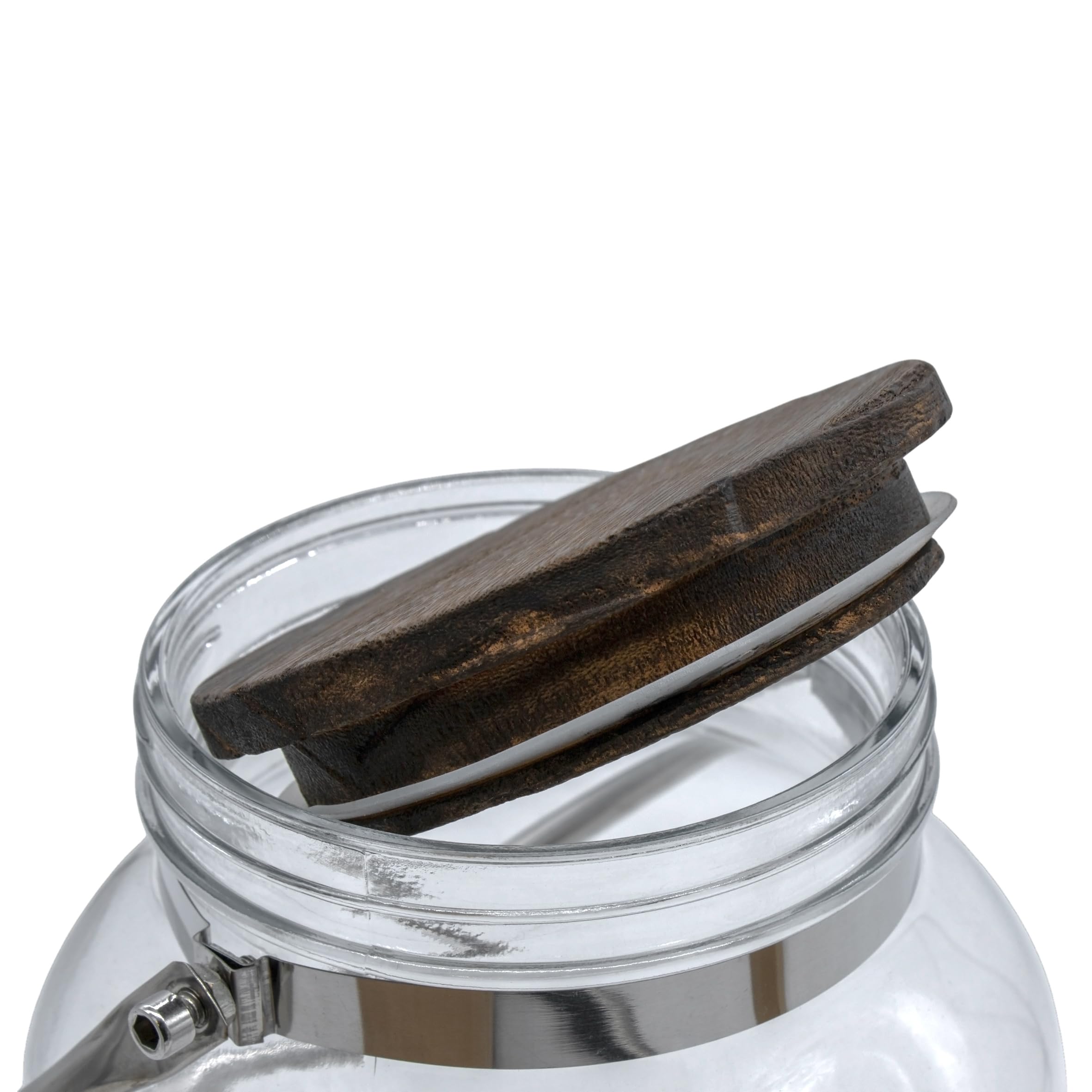 Getränkespender mit Zapfhahn und luftdichtem Holzdeckel - 6 Liter - Glas Wasserspender mit Tragegriff aus Metall - Wasser Saft Limonade Getränke Spender Dispenser