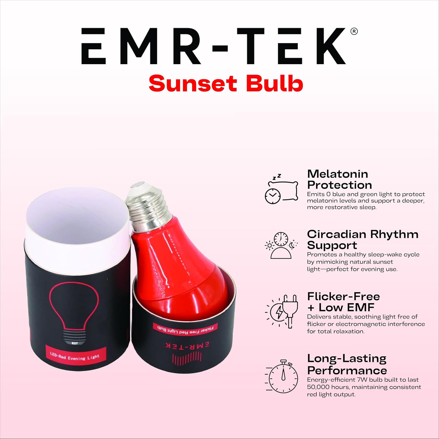 EMR-TEK Sunset Bulb | Red Light Bulb | Helps Support Better Sleep & Relaxation | Zero Blue & Green Light Output, Flicker-Free, & Low EMF | 25K Hrs. Lifespan | 7W Bulb, 100-240V AC Compatibility