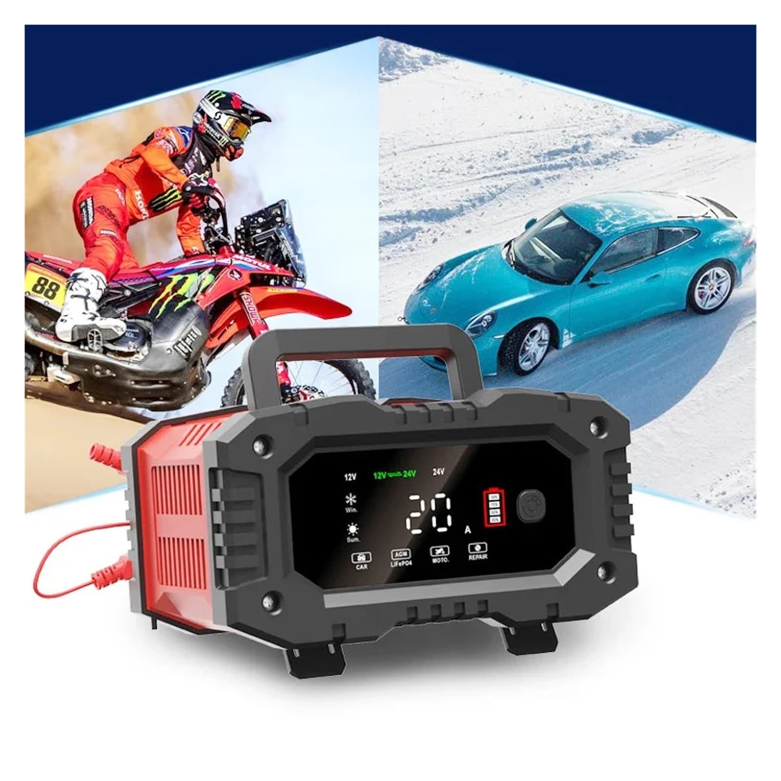 Ładowarka Samochodowa 20A/10A 12V/24V W Pełni Automatyczna Inteligentna 300W/150W Naprawa Impulsowa Do Ładowania AGM GEL MOKRY Kwas Ołowiowy Wydajne Szybkie ładowanie(12V 10A and 24V 5A)